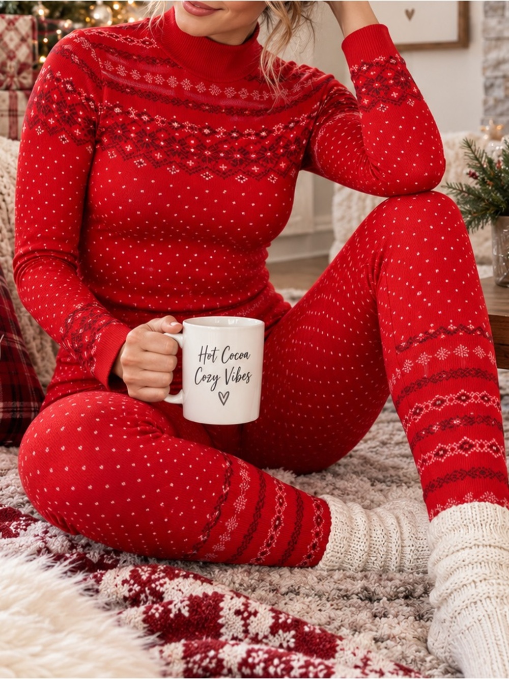 Fabletics Red Fair Isle Nordic Matching Set Leggings Top Women’s M Holiday